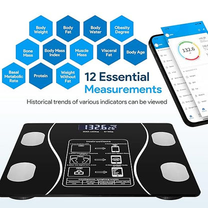 Bluetooth Smart Scale for Body Weight, Bluetooth Smart Scale for Body Weight, Fat, Muscle & BMI | Comprehensive Health Metrics with Effortless Fitness App Sync [Black]