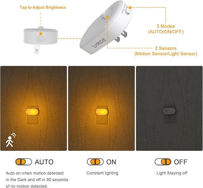 Lyridz 120LM Ultra Bright Plug-in Motion Sensor Night Light, Stepless Dimmable LED Nightlight, Always-On and Auto-Off, for Hallway, Stairs, Bathroom, Bedroom, Garage, Amber (2-Pack)