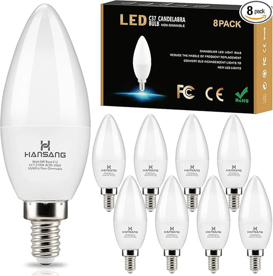 8 Pack E12 LED Candelabra Bulbs 2700K Warm White, 6W 60Watt Equivalent, B11 Ceiling Fan Light Bulbs Small Base, Type B Light Bulb for Chandelier, 600LM, 120V, Non-dimmable
