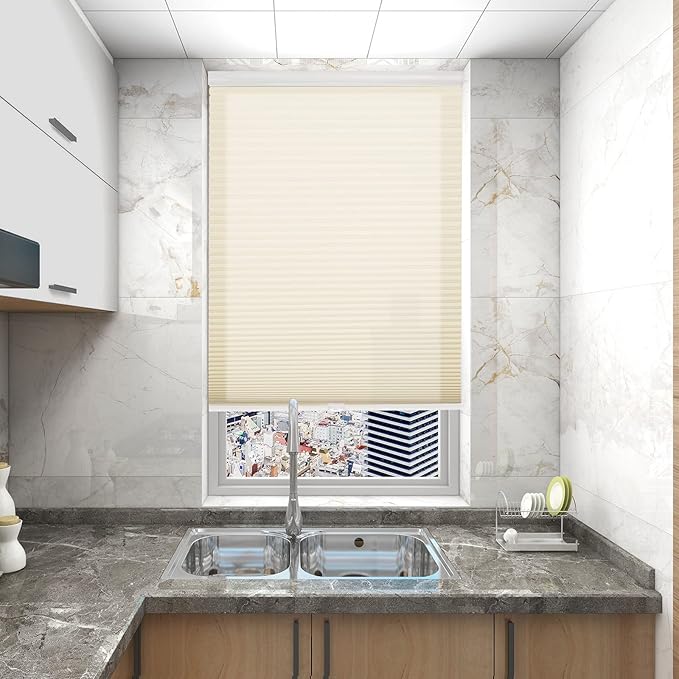 Changshade Custom Size Cellular Window Blinds Cordless, Light Filtering Pleated Honeycomb Shades, 1.5 inch Single Cell Cellular Shades for Bedroom, Bathroom, French Door, Beige, JZCMC-CEL-BG-D