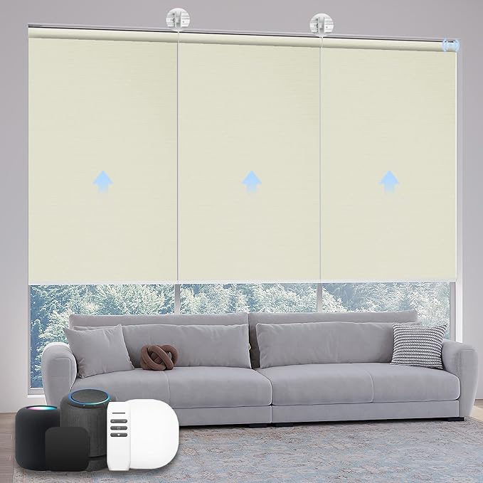 Motorized Coupled Shades, Blackout Smart Blinds for Large Windows Automatic Blinds Compatible with Alexa, Motorized Roller Shades Customized for Bedroom Home Office(Blackout-Vinyl Cream)