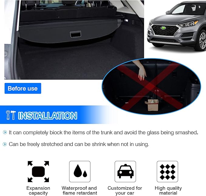 Powerty Cargo Cover for 2022-2025 2026 Hyundai Tucson Accessories, Trunk Cover Retractable Trunk Shielding Shade Cargo Luggage Cover for 2022-2026 Hyundai Tucson Black