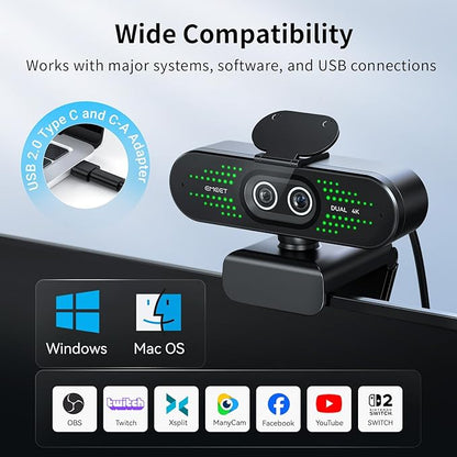 EMEET NOVA 4K Dual-Camera 4K Webcam for PC, Wide-Angle and Telephoto Cameras, Max 11X Hybrid Zoom, PDAF Focus, Remote Control, RGB Lights, Webcam with Microphone for Business or Personal Online Calls