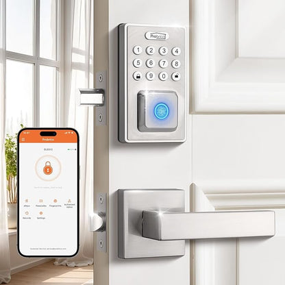 Probrico Keyless Entry Door Lock Smart Locks for Front Door, Keypad Door Lock with Handle Fingerprint Deadbolt with Handle Set, Satin Nickel Smart Deadbolt