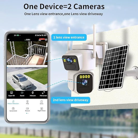 Luovisee Cameras for Home Security with Dual Lens,2.4G/5G WiFi Outdoor Camera Wireless Solar Powered,PIR Alarm,Color Night Vision,2-Way Audio,Cloud/SD Storage,No Month Fee(2 Pack)