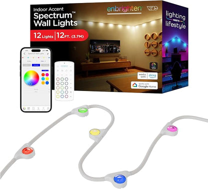 Enbrighten Vibe Spectrum LED Wall Light Smart Lighting Indoor String | Downlight, RGB Lights for Room, Works with Alexa, Google Home, 12ft with 12 LEDs, White 85832