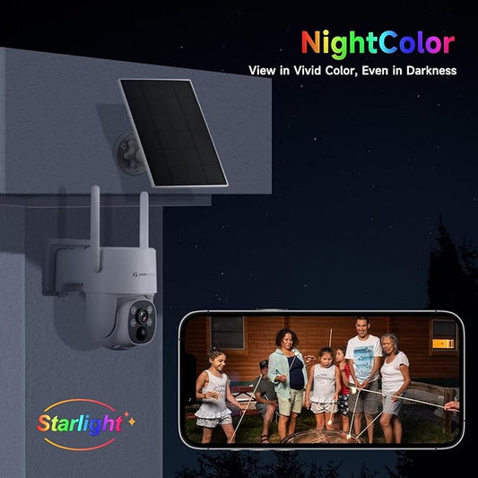 yeewise 2K NightColor Solar Security Camera, Wireless Pan & Tilt Battery Camera with Auto Tracking, Dual-Band Wi-Fi 6, Smart PIR Motion Detection, Color Vision Day & Night, No Monthly Fee