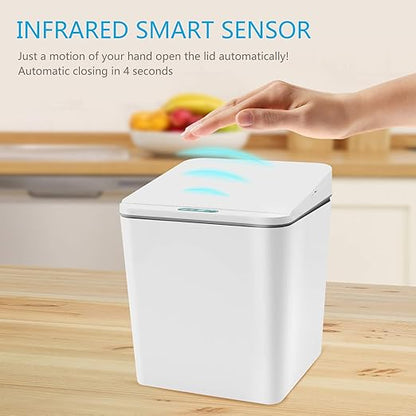 Automatic Small Countertop Trash Can with Lid, 1.5 Gal/6L Toucheless Mini Waste Bin for Office Desk/Bedside Table/Coffee Bar -Batteries, White