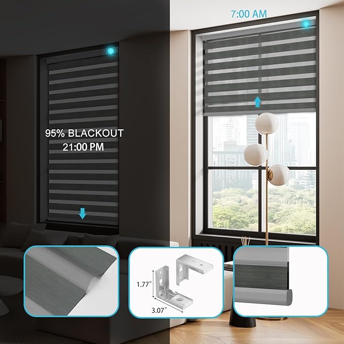 Motorized Zebra Blinds with Remote Smart Blind Work with Homekit Alexa SmartThings Electric Day and Night Shade Cordless Automatic Solar Powered Window Shade Customize(Carbon Dark Grey)