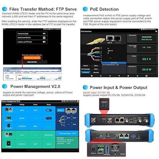 8K IP Camera Tester, WANLUTECH All in One CCTV Tester 7inch Touchscreen TVI CVI AHD SDI CVBS Camera Test TDR Cable Test OPM VFL 90W PoE Power DMM Network Tools WiFi HDMI VGA (IPC-9800CLMOVTADHS Pro)