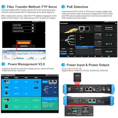 8K IP Camera Tester, WANLUTECH All in One CCTV Tester 7inch Touchscreen TVI CVI AHD SDI CVBS Camera Test TDR Cable Test OPM VFL 90W PoE Power DMM Network Tools WiFi HDMI VGA (IPC-9800CLMOVTADHS Pro)