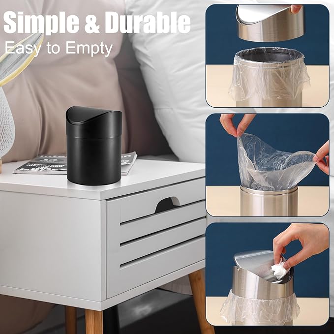 2 Pcs Desk Trash Can with Swing Lids, 12 Rolls of Trash Bags, 2L Brushed Stainless Steel Countertop Garbage Bin Small Wastebasket with Lid for Office Desk, Coffee Table (Black)