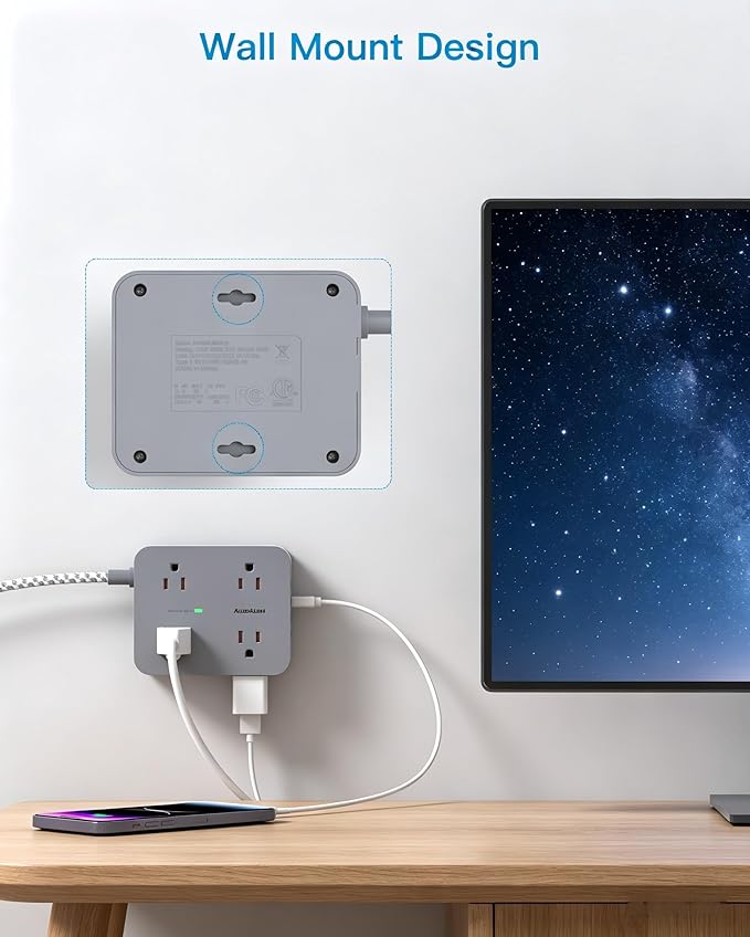 HANYCONY 6 Ft Surge Protector Power Strip with USB C, Extension Cord with 8 Outlets 4 USB Ports(2 USB C), Flat Plug, Wall Mount, 3 Side Outlet Extender for Home Dorm Room Essentials, ETL Listed
