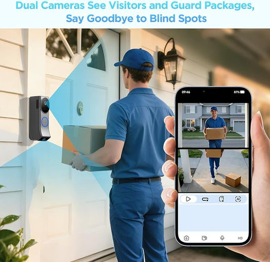 Wireless Battery Video Doorbell Dual Camera 1080P with Chime, 1080P HD, Wireless Battery-Powered & 2,4G Wi-Fi, IR Night Vision, Two Way Audio, AI Motion Detection, Local/Cloud Storage
