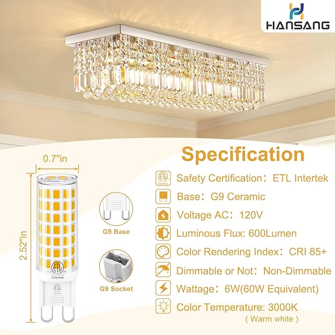 10 Pack G9 LED Bulb 3000K Warm White, T4 G9 Ceramic Bi-pin Base Light Bulbs, G9 Light Bulb Equivalent to 60W Halogen, 600Lm 120V AC 360 Degree Angle for Crystal Chandelier, Non-Dimmable