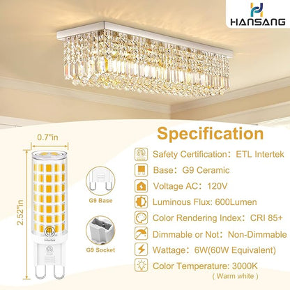10 Pack G9 LED Bulb 3000K Warm White, T4 G9 Ceramic Bi-pin Base Light Bulbs, G9 Light Bulb Equivalent to 60W Halogen, 600Lm 120V AC 360 Degree Angle for Crystal Chandelier, Non-Dimmable