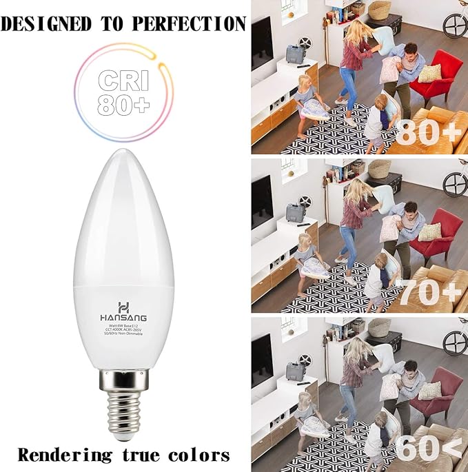 E12 Candelabra LED Bulbs 4000K Daylight Ceiling Fan Light Bulb 6W, 60W Equivalent, Type B Light Bulb for Chandelier, C37 600LM,No-Dimmable 6 Pack