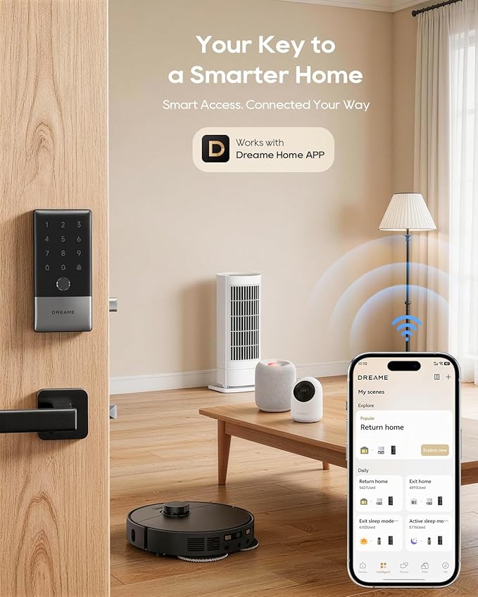 DREAME Wi-Fi Smart Door Lock for Front Door A10, Matter Over Thread, Works with Apple Home, Alexa, Google, AI Fingerprint Keyless Deadbolt Set, Geofencing Auto Unlock, BHMA Grade 2, IP65 Waterproof