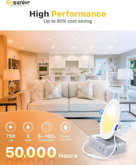 Ensenior 24 Pack 4 Inch Ultra-Thin LED Recessed Ceiling Light with Junction Box, 6000K Clear White, 9W 75W Eqv, Dimmable Can-Killer Downlight, 750LM High Brightness - ETL