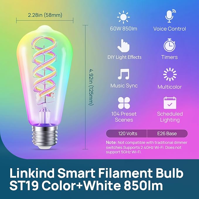 Linkind E26 Smart Edison Bulbs 4 Pack with Remote+ Matter Smart Bulbs, ST19/ST58 Led Bulb Compatible with Alexa