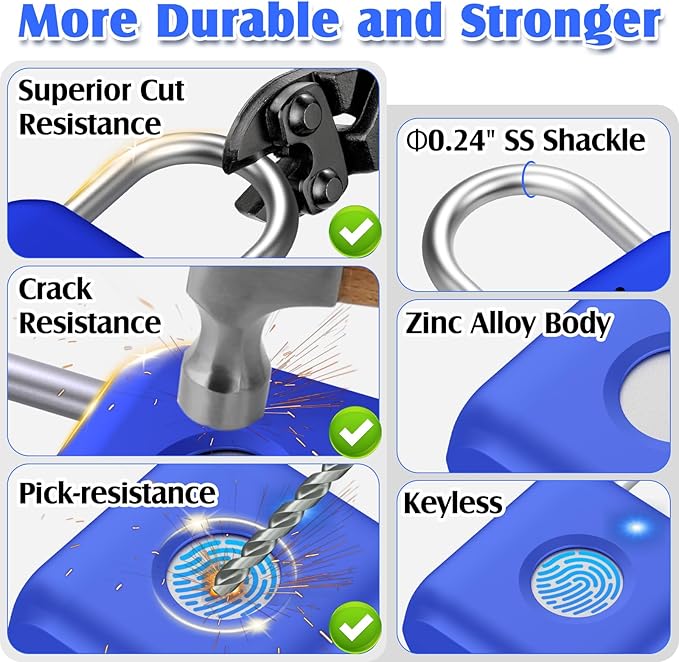 Pothunder Fingerprint Padlock, Smart Padlock, Locker Lock, Fingerprint Lock with APP Unlock, USB Rechargeable, Suitable for Gym Locker, Locker(Sapphire Blue)