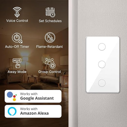 2.4GHz WiFi Smart Touch Wall Single Fire Smart Light Switch, Need Neutral Wire, Glass Panel Light Switch Work with Smart Life/Tuya App, Alexa and Google Home 2 Pack (White 3 Gang)