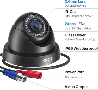 ZOSI 4 Pack 1080p 2MP HD-TVI Home Security Camera Outdoor Indoor 1920TVL, Weatherproof Surveillance CCTV Black Dome Camera, 80ft Night Vision, 24PCS LEDs, 90°View Angle