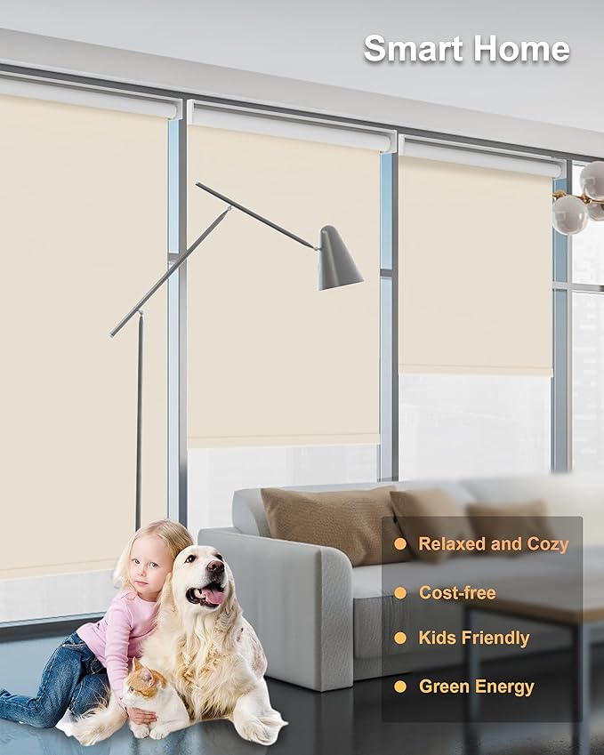 Motorized Blinds with Remote Control, Smart Blackout Automatic Blinds Work with Homekit Alexa Google Home, Rechargeable Electric Window Roller Shades with Valance, Customized Size (Vinyl Cream)