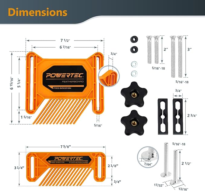 POWERTEC Tandem Feather Boards for Table Saw, Router Table & Bandsaw - 4PCs Combo Set, Fits T-Track & Miter Slot - Woodworking Tools & Accessories to Reduce Kickback & Increase Safety (72027)