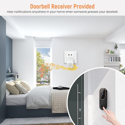 GridTera 1080p Wireless Video Doorbell Camera, AI Human Detection, Live View, Night Vision, Cloud Storage, 2.4G WiFi, Battery Powered, Indoor Outdoor Surveillance (Comes with Doorbell Receiver)