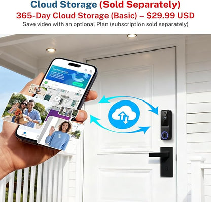 1080p Video Doorbell Camera Wireless for Home, Indoor and Outdoor, Cloud Storage (Subscription Required), Receiver Notification, Night Vision, 120° View, Battery Powered