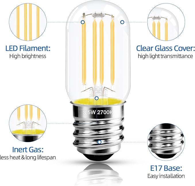 2.5 in E17 Intermediate Base LED Filament Bulb 360 Lumens, 2700K Soft White Dimmable Appliance Bulb AC 120V, UL Certified T8 Microwave Light Bulbs Under Hood for Refrigerator Stove 6Pack