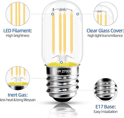 2.5 in E17 Intermediate Base LED Filament Bulb 360 Lumens, 2700K Soft White Dimmable Appliance Bulb AC 120V, UL Certified T8 Microwave Light Bulbs Under Hood for Refrigerator Stove 6Pack