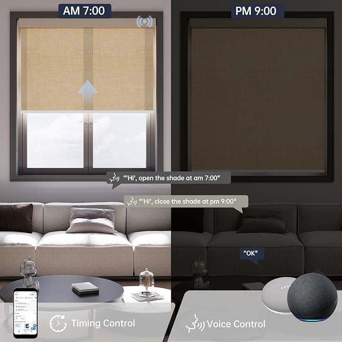 Motorized Blinds with Remote, Light Filtering Smart Blinds for Windows Automatic Roller Shades Compatible with Alexa, Motorized Shades Customized for Living Room Home Office (Light Coffe)