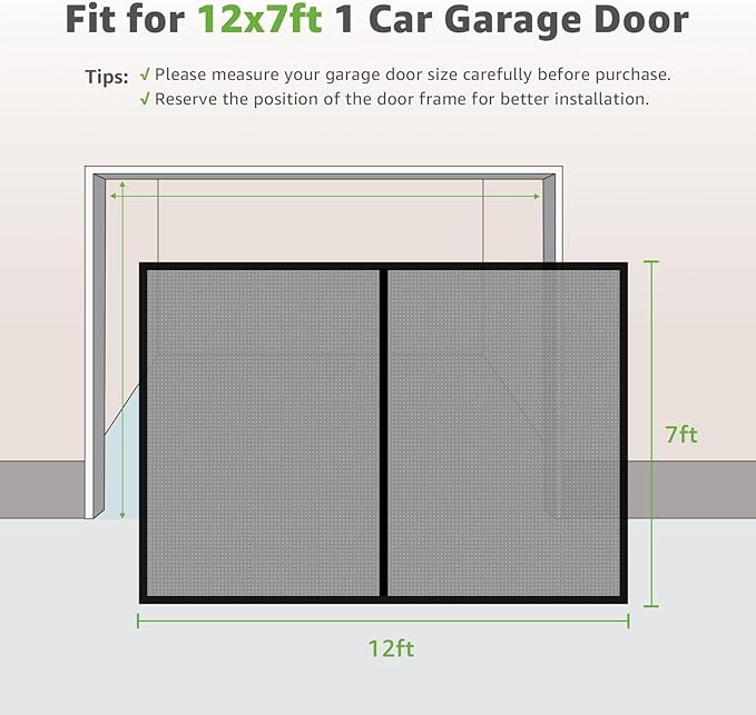 Garage Door Screen 1 Car - 12x7Ft Magnetic Closure Heavy Duty Weighted Bottom Screen Self Sealing Fiberglass Mesh Retractable Net - Easy Assembly & Pass-Through(Black)
