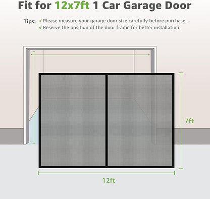 Garage Door Screen 1 Car - 12x7Ft Magnetic Closure Heavy Duty Weighted Bottom Screen Self Sealing Fiberglass Mesh Retractable Net - Easy Assembly & Pass-Through(Black)