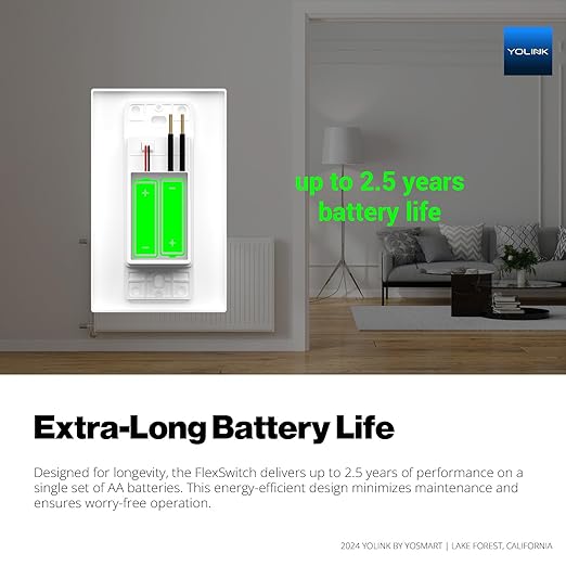 YoLink FlexSwitch, Single Pole Switch, Long-Lasting Battery Powered Smart Light Switch - No Neutral Wire Needed, Timer & Schedule Functions, Over-Temperature Protection, YoLink Hub Required