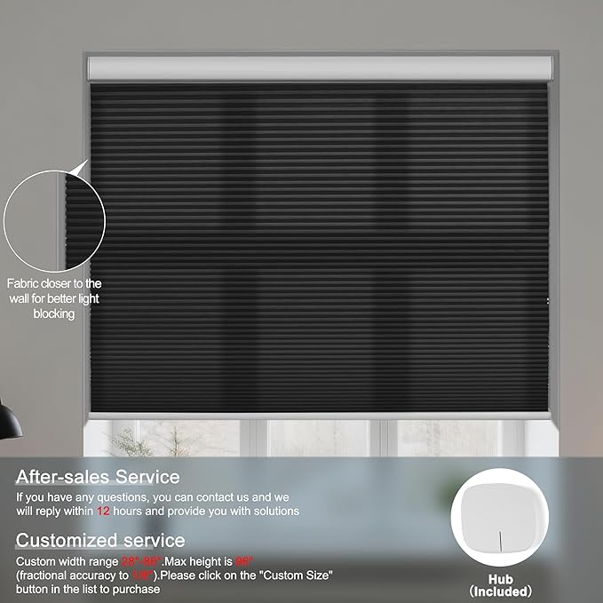 BERISSA Motorized Cellular Shades, Light Filtering Smart Honeycomb Blinds with Remote Control & Hub, Custom Room Darkening Automatic Cellular Window Blinds for Home Office, Living Room, Door,Black