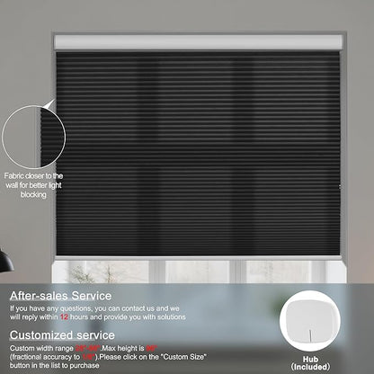 BERISSA Motorized Cellular Shades, Light Filtering Smart Honeycomb Blinds with Remote Control & Hub, Custom Room Darkening Automatic Cellular Window Blinds for Home Office, Living Room, Door,Black