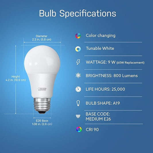 Feit Electric OM60/RGBW/CA/AG/3 60 Watt Equivalent WiFi Color Changing and Tunable White, Dimmable, No Hub Required, Alexa or Google Assistant A19 LED Smart Light Bulb, 3-Pack, Rgbw Multicolor, 60W