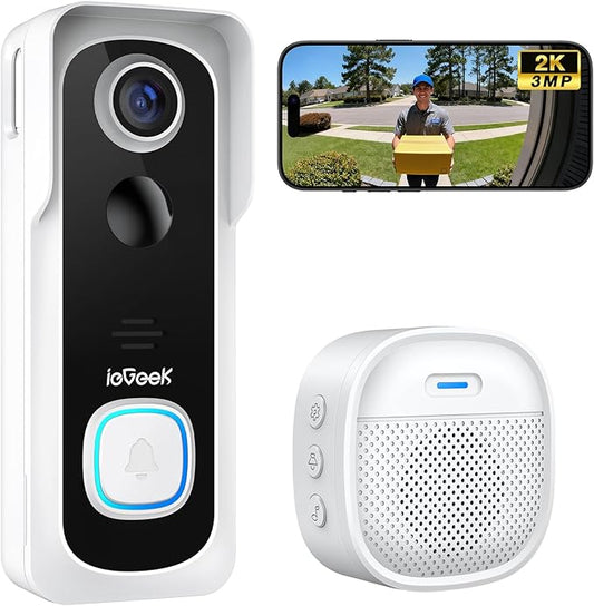 ieGeek Doorbell Camera Wireless No Subscription, 2K 3MP HD View, 2-Way Talk, PIR Motion Detection, Wireless Video Doorbell with Chime, Only Supports 2.4GHz WiFi, Local & Cloud Storage, White