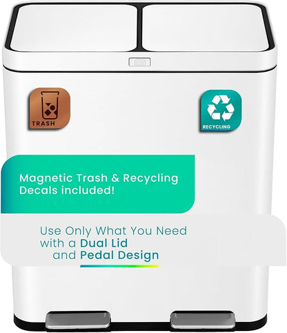 Home Zone Living 16 Gallon Kitchen Trash Can with Dual Compartments for Recycling and CleanAura for Odor Control, Stainless Steel, White, 60 Liters Total