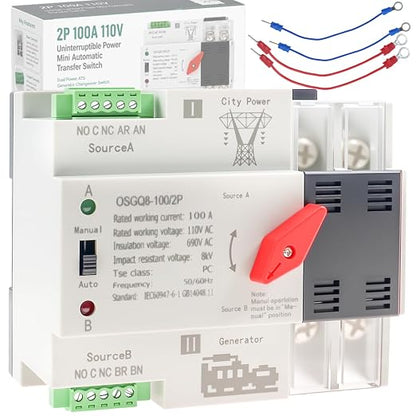 Ketofa 2P 100A AC110V Automatic Transfer Switch, DIN Rail Mini ATS 50/60Hz