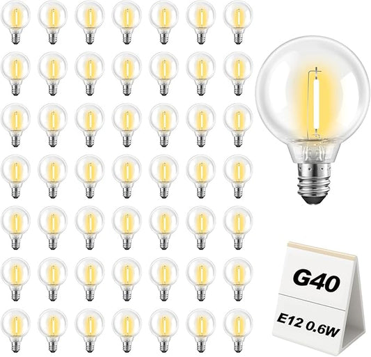 50-Pack G40 LED Replacement Light Bulbs Bulk Shatterproof 0.6W E12 Base 2700K Warm White Bulbs for Commercial Outdoor String Lights Party