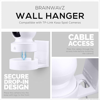 BRAINWAVZ Wall Mount for Kasa EC70 Spot & 2K Indoor Pan/Tilt, Adhesive Holder for TP Link Spot Smart Security Cameras, Installs in Minutes, No Mess Hanger Bracket (White)