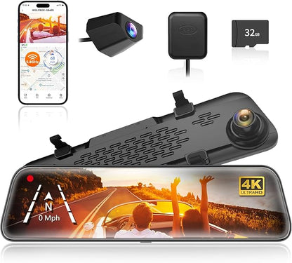 WOLFBOX G840S 12" 4K Mirror Dash Cam & USB C Acc Hardwire Kit