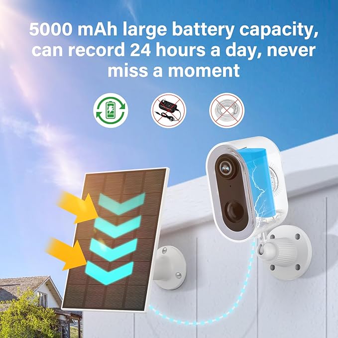 Solar Security Cameras System Wireless Outdoor, 1 Camera Home Surveillance, Color Night Vision, 24/7 Recording, Motion Detection, Weatherproof