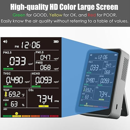 Professional Indoor Air Quality Monitor with AQI Alerts, Portable Real-Time Detector for Home, Car, Plants & Pet