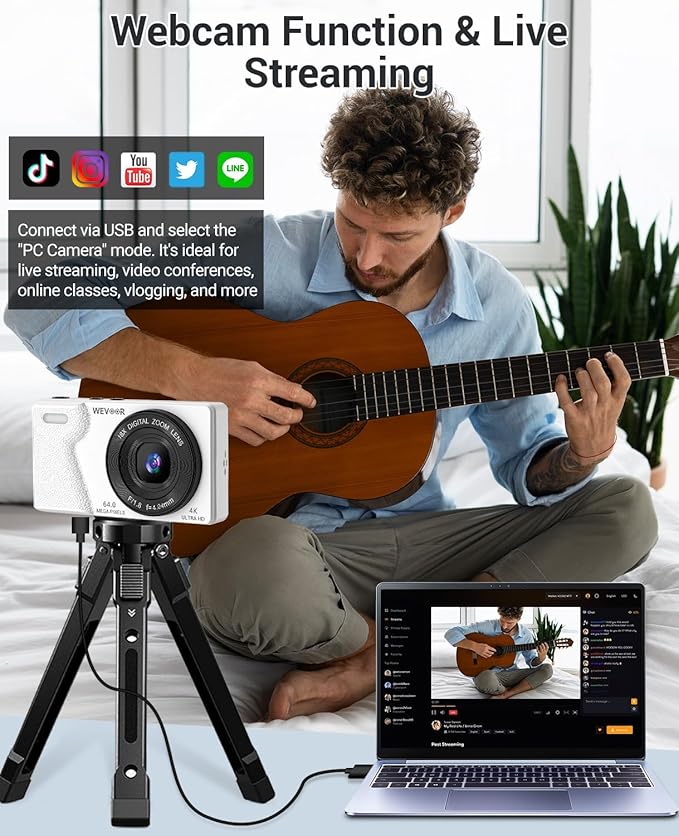 4K Digital Camera for Photography- 64MP Autofocus Vlogging Camera with Dual Lens, 18X Digital Zoom- Small Point and Shoot Camera with Card and 2000mAh for YouTube, Travel, Beginners (White)