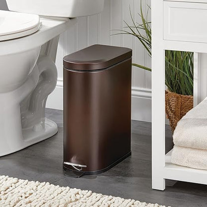 mDesign Small 2.6 Gallon/10 Liter Stainless Steel Metal Step Trash Can Garbage Bin for Bathroom, Bedroom, Home Office, D-Shape Trashcan with Foot Pedal/Lid, Removable Liner Bucket with Handles, Bronze